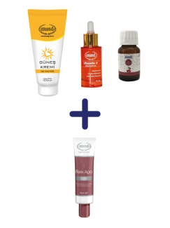GÜNEŞ KREMİ 50 FAKTÖRLÜ 100 ML, VİŞNE ÇEKİRDEĞİ YAĞI 30 ML, VİTAMİN C SERUMU 30 ML ALANA RENK AÇICI KREM 50 ML (YENİ AMBALAJIYLA) HEDİYE