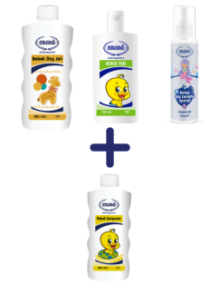 BEBEK YAĞI 200 ML, BEBEK DUŞ JELİ 300 ML, KOLAY SAÇ TARAMA SPREYİ-ÇOCUKLAR İÇİN 200 ML ALANA BEBEK ŞAMPUANI 300 ML HEDİYE